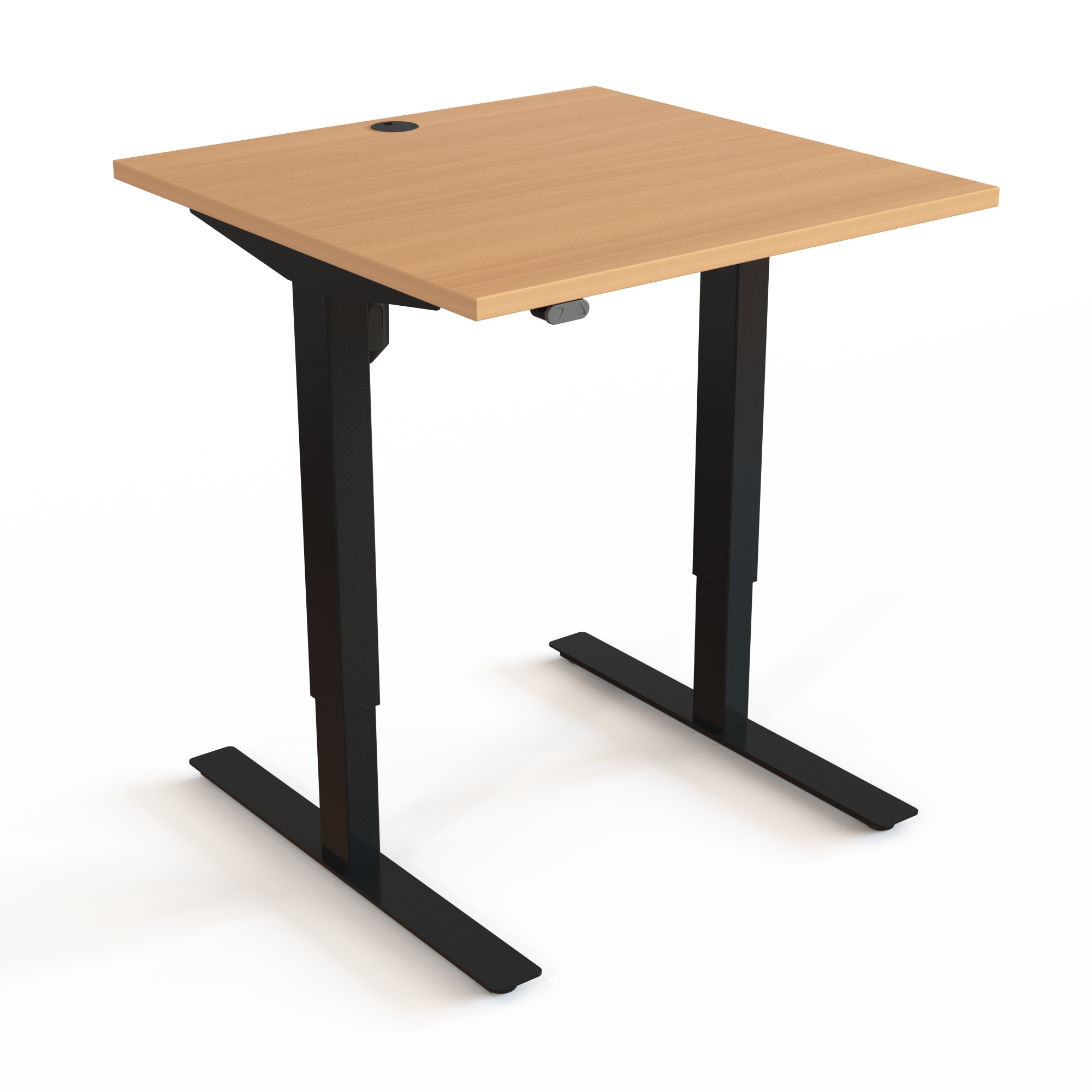 Adjustable Desk, Beech desktop and Black base. Size: 80x80cm. Height adjustable 68-118cm. Lift capacity: 150kg.
