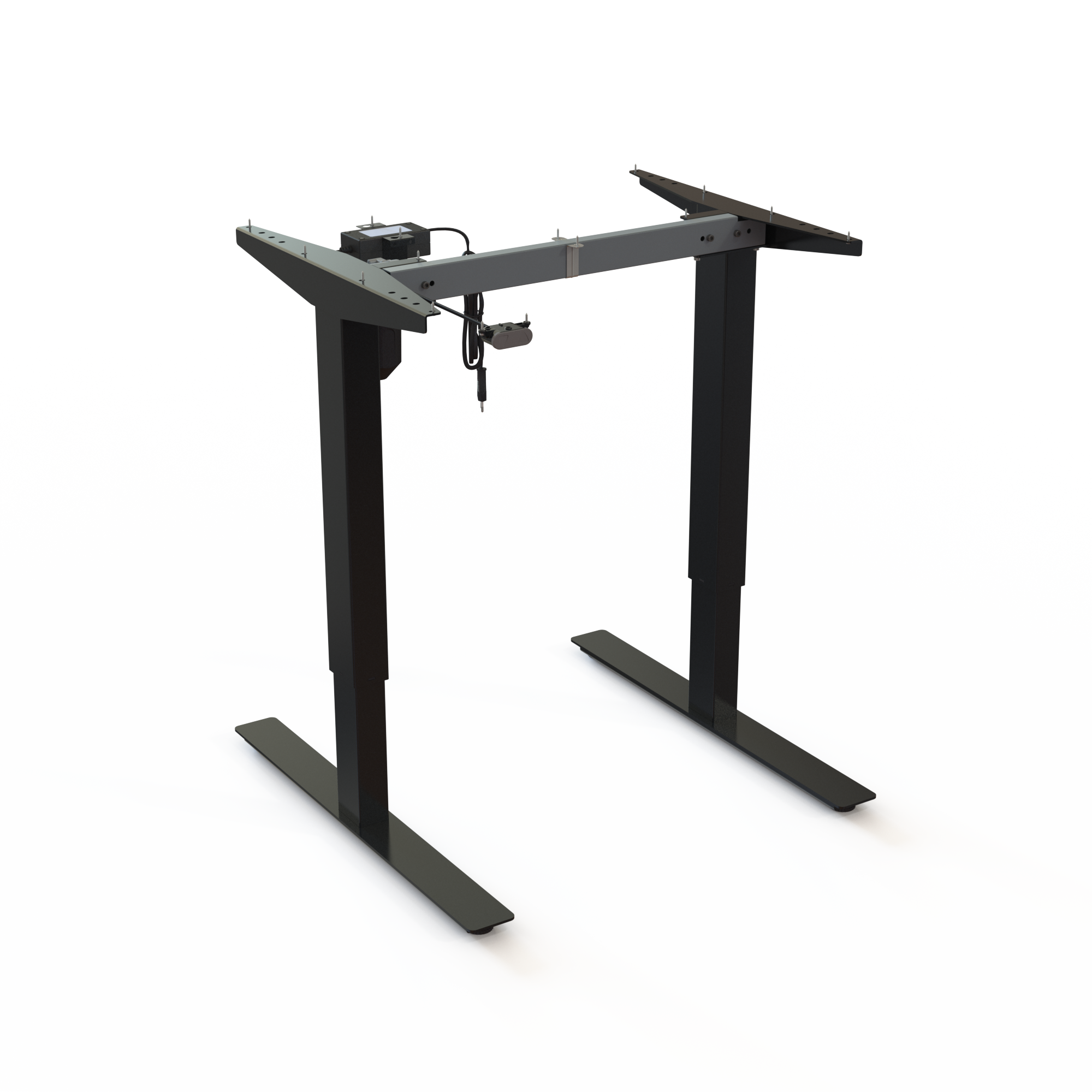 Adjustable base with 2 legs, coated in Black. Base width: 72cm. Height range: 68-118cm. Frame lifts 150kg.