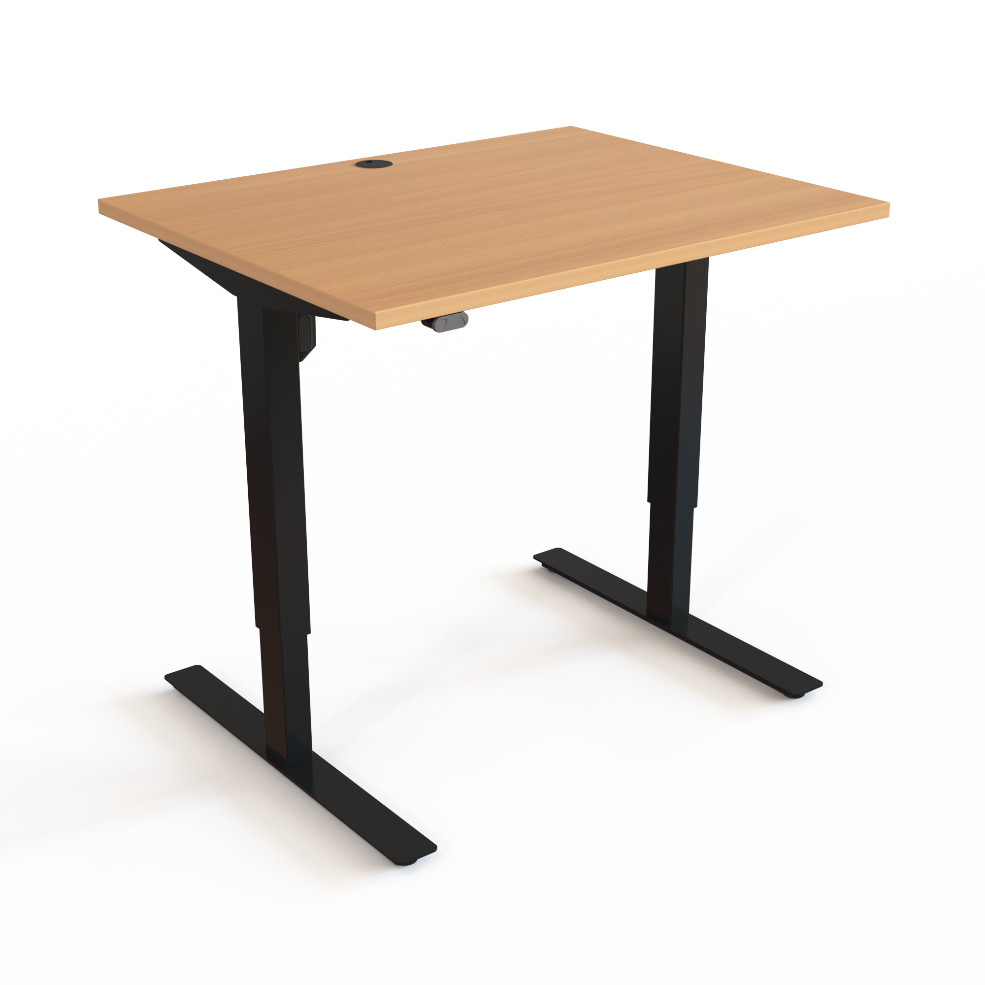 Adjustable Desk, Beech desktop and Black base. Size: 100x80cm. Height adjustable 68-118cm. Lift capacity: 150kg.
