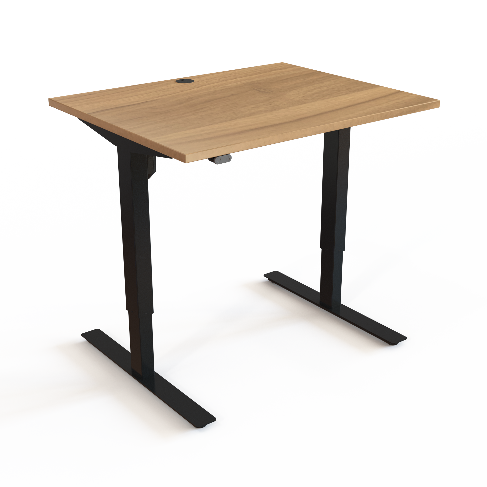 Adjustable Desk, Walnut desktop and Black base. Size: 100x80cm. Height adjustable 68-118cm. Lift capacity: 150kg.