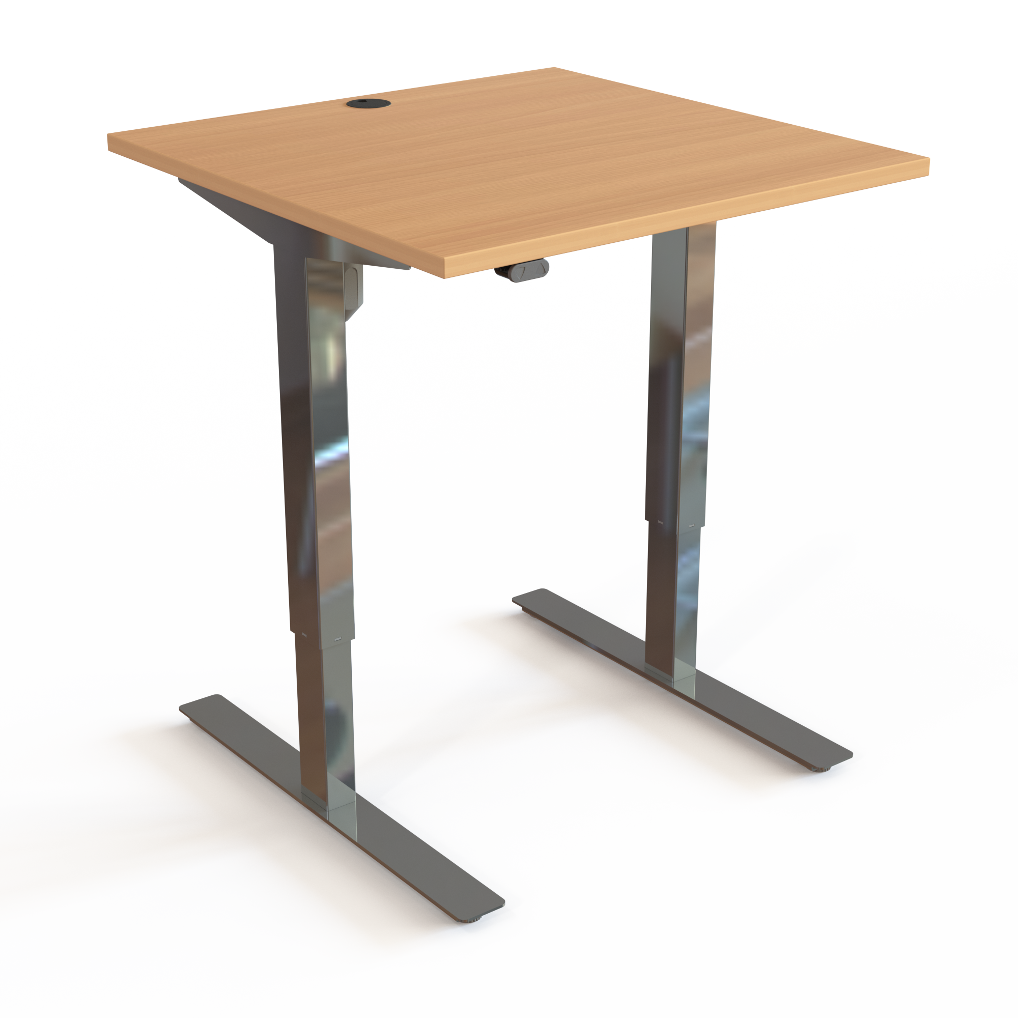 Adjustable Desk, Beech desktop and Chrome base. Size: 80x80cm. Height adjustable 68-118cm. Lift capacity: 150kg.