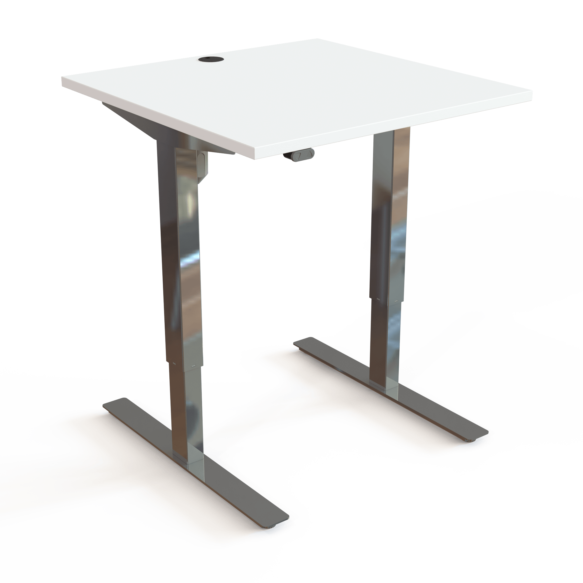 Adjustable Desk, White desktop and Chrome base. Size: 80x80cm. Height adjustable 68-118cm. Lift capacity: 150kg.