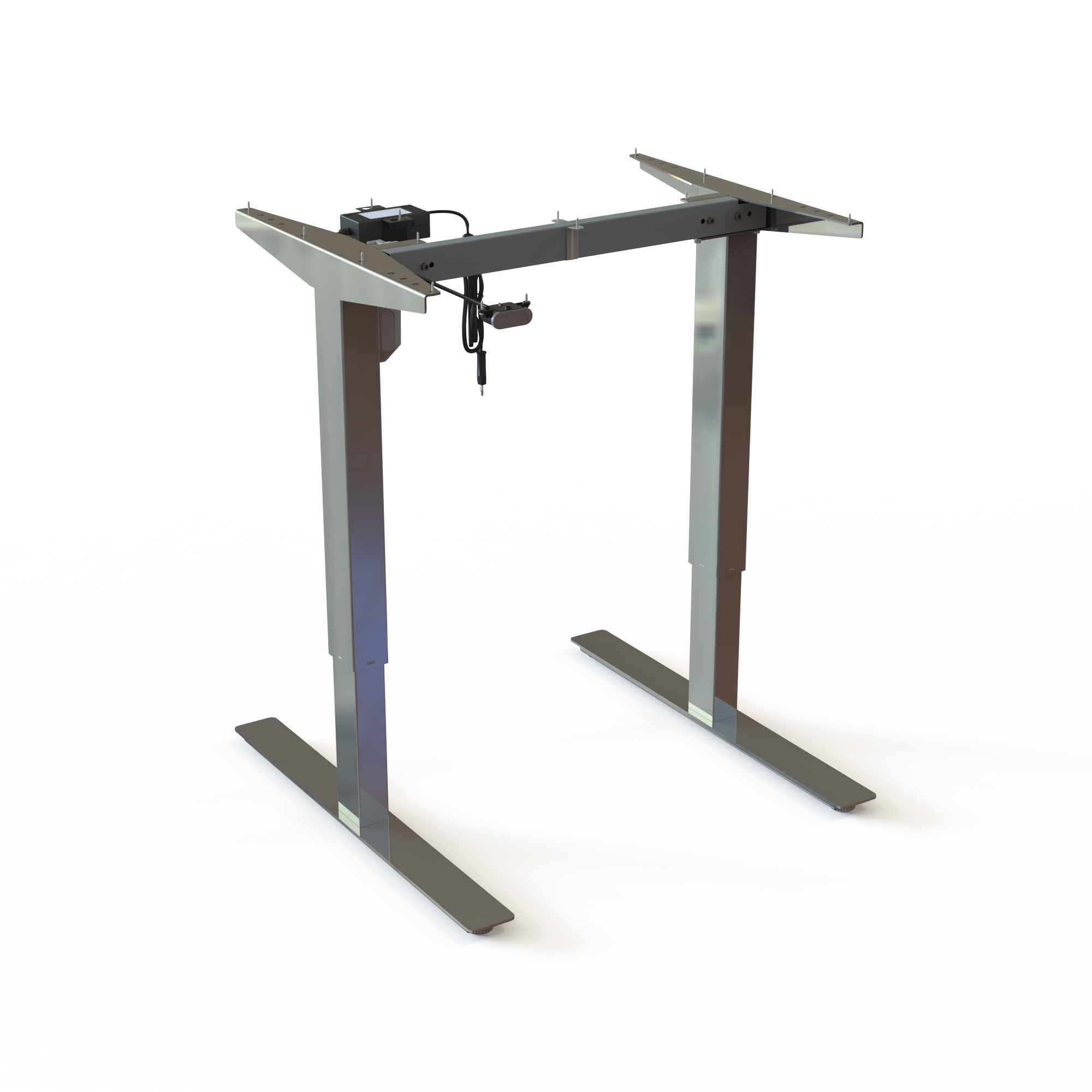 Height-adjustable frame for a workbench, Chrome. Base width: 72cm. Ergonomic height range: 68-118cm. Motor lifts 150kg.