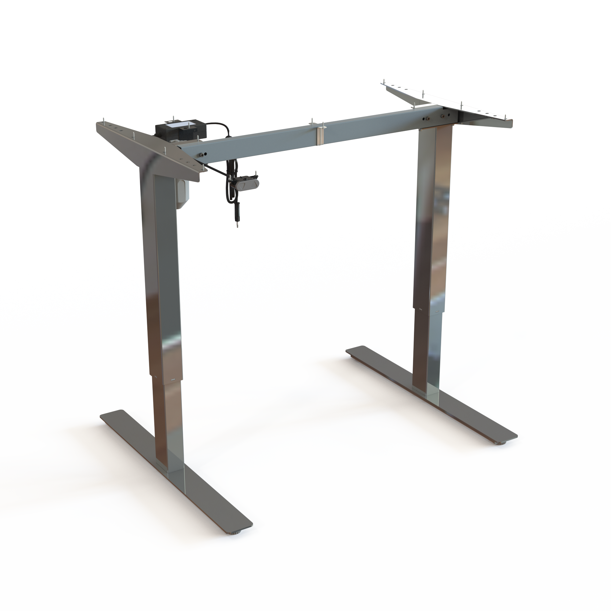 Adjustable base with 2 legs, steel, Chrome. Frame width: 92cm. Height adjustable range: 68-118cm. Motor lifts 150kg.