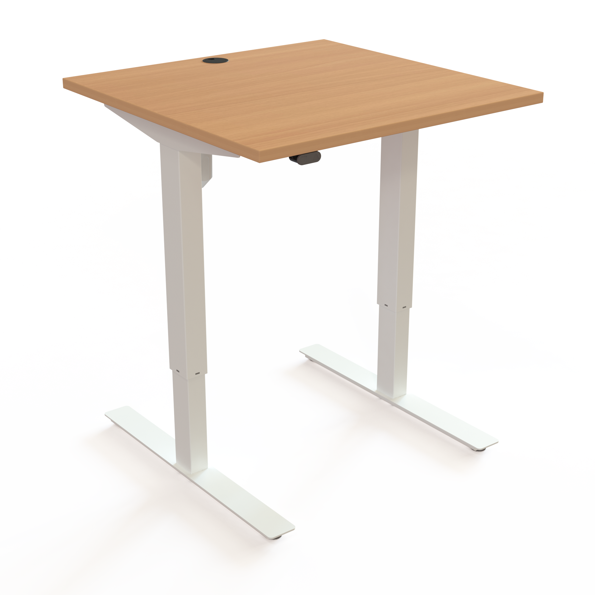 Adjustable Desk, Beech desktop and White base. Size: 80x80cm. Height adjustable 68-118cm. Lift capacity: 150kg.