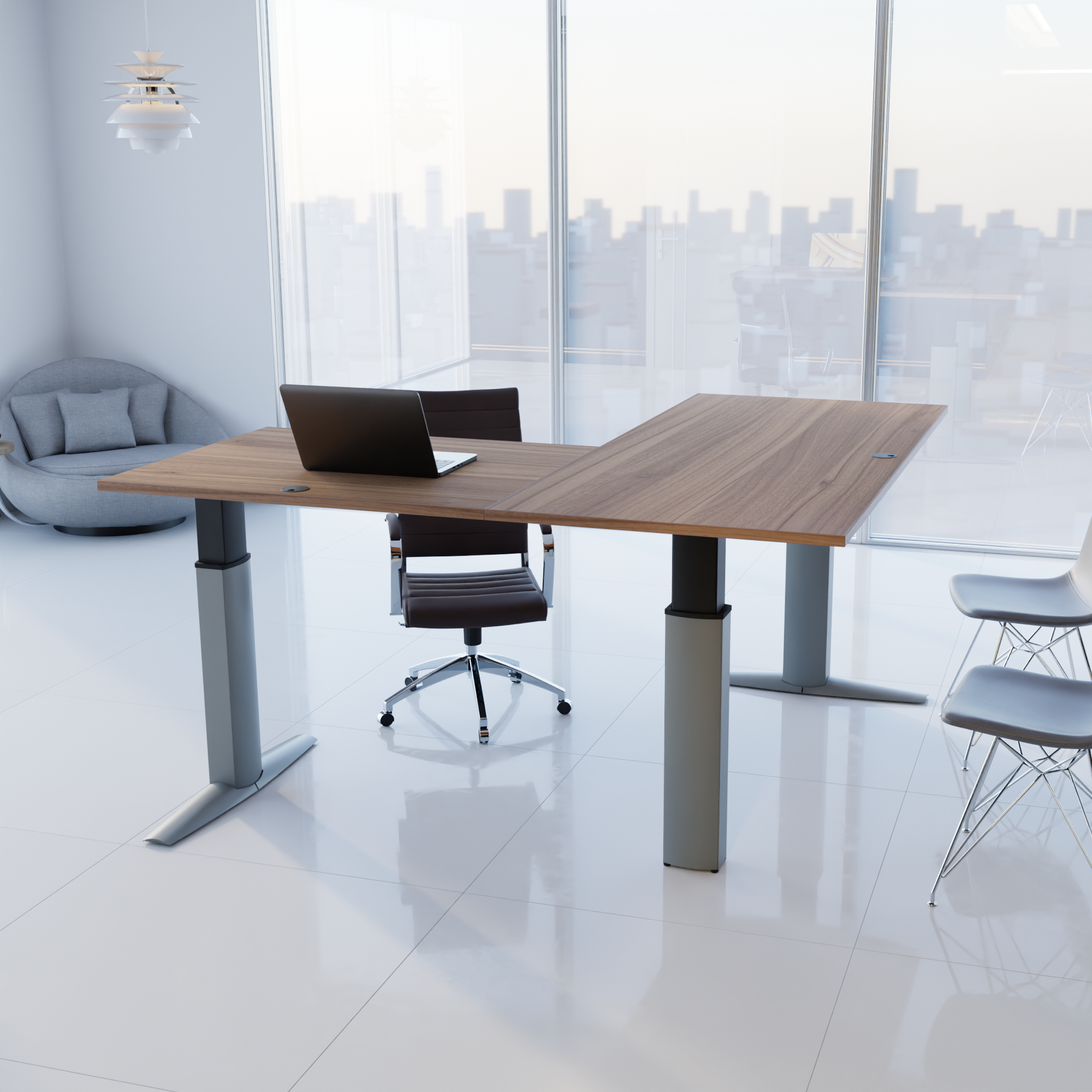Electric Adjustable Desk | 180x180 cm | Walnut with silver frame