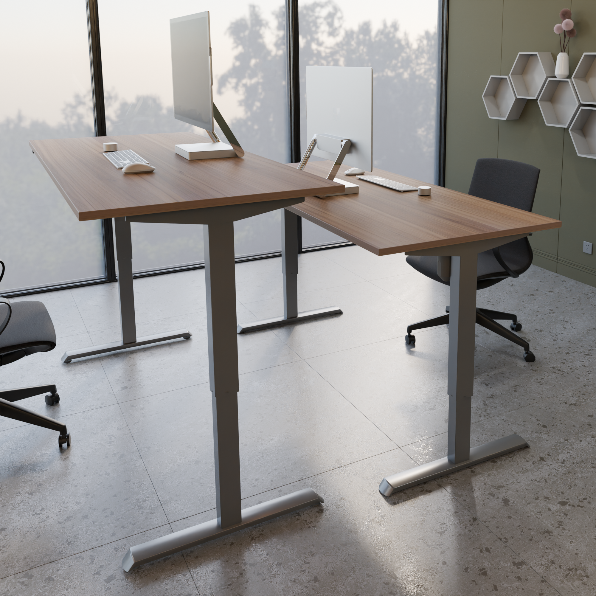 Electric Adjustable Desk | 100x80 cm | Walnut with silver frame